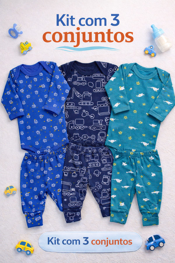 KIT 3 Conjuntos Canelado Menino Longo