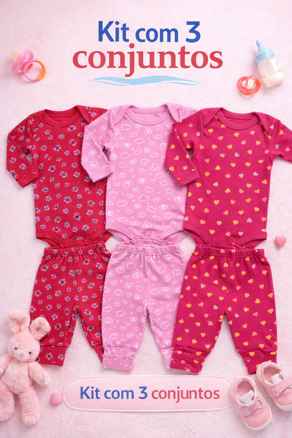 KIT 3 Conjuntos Canelado Menina Longo